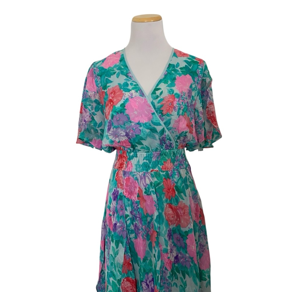 Vtg Diane Freis 100% Silk Floral Dress Womens Petites No Size Tag Fits Modern 6